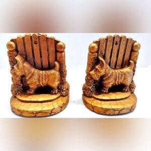 Vintage 1930s Scottie Dog Bookend Set Molded Gilded Relief 3D Sculptures Gold